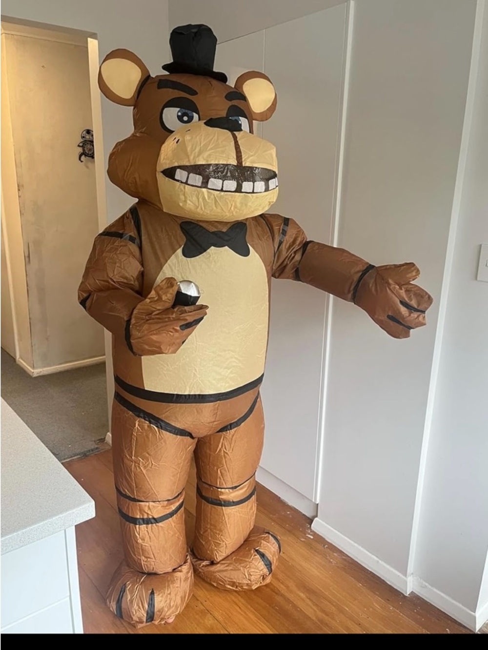 Varsity Brown and Cream Inflatable Bear Character Costume with Black Accents